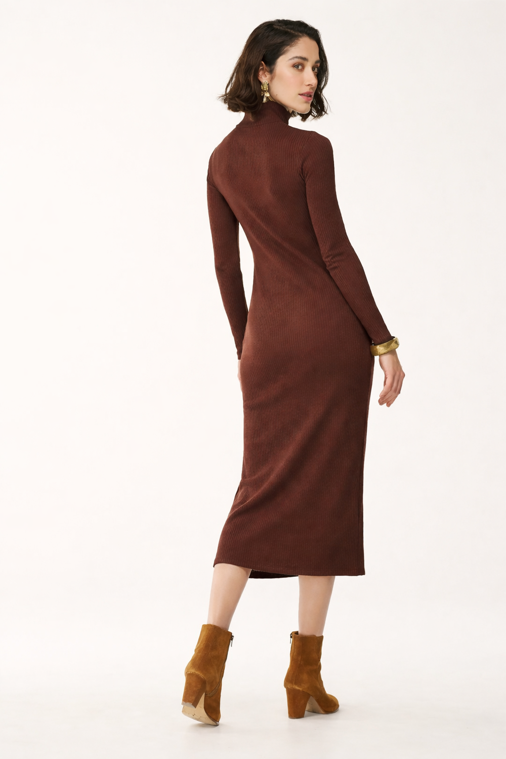 Vestido Midi Canelado Gola Alta